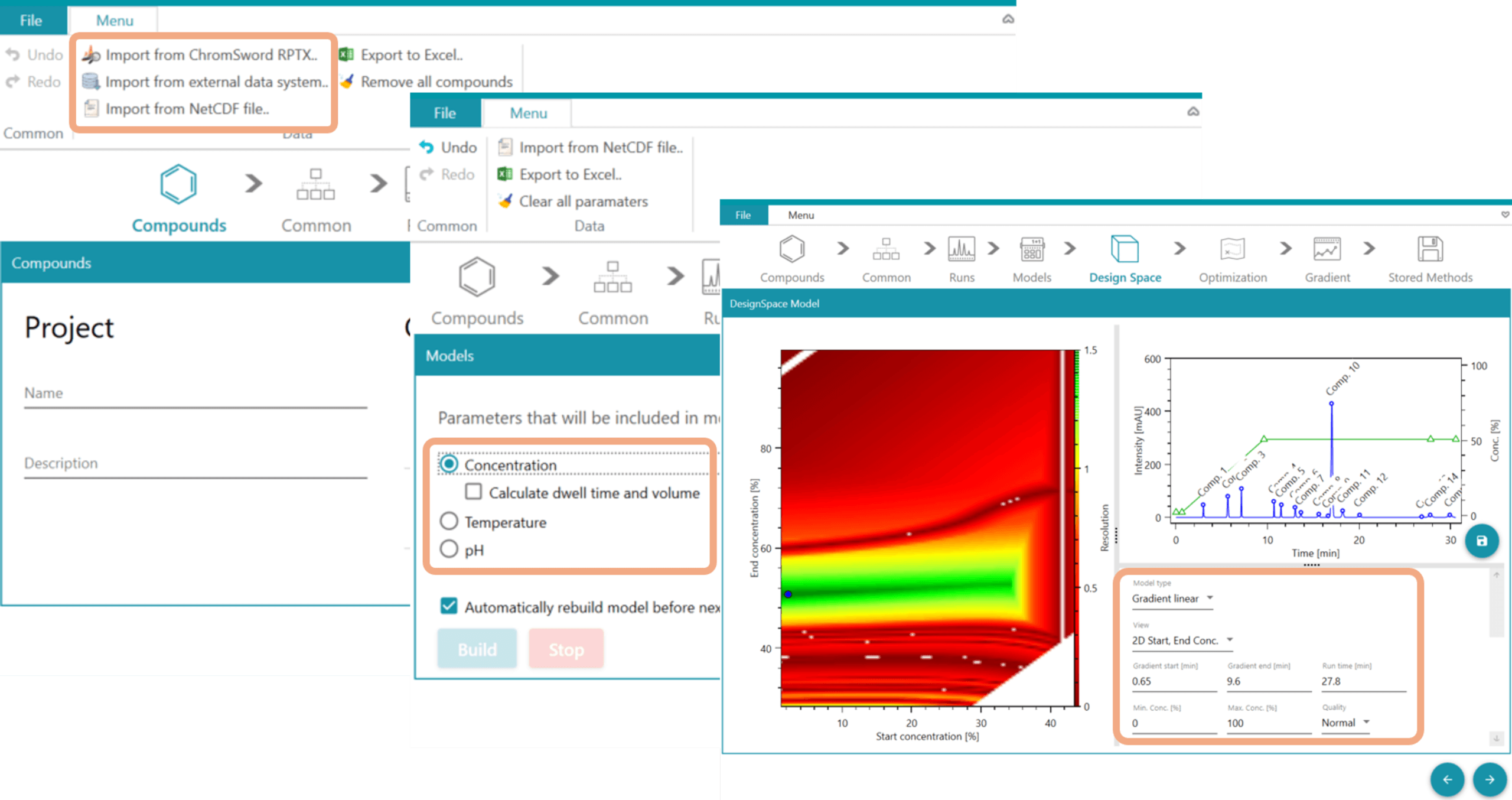 ChromSword Offline data input and modelling workflow screens
